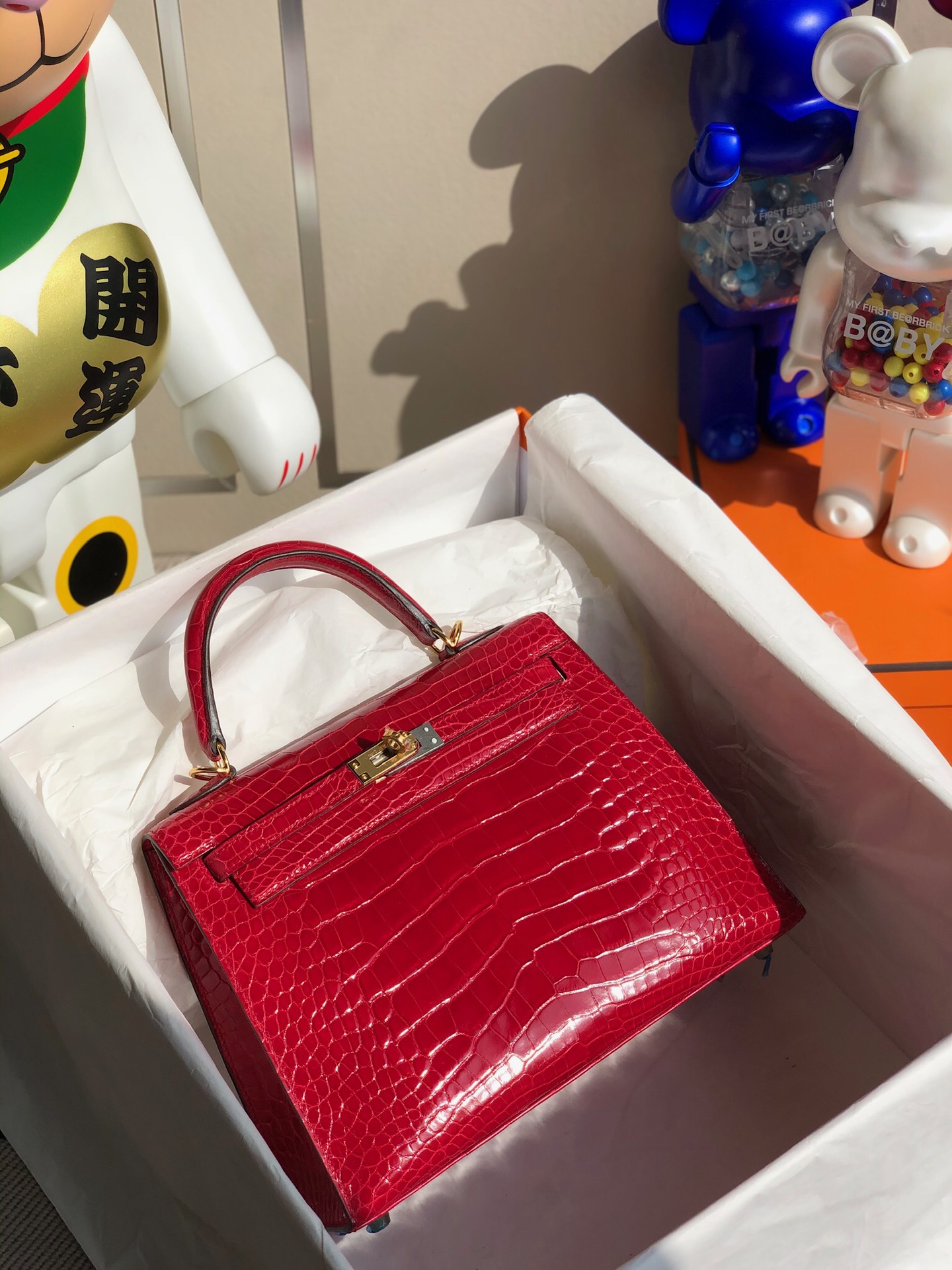 에르메스 켈리백25 레드 금장 샤이니 악어가죽